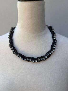 J. CREW Vtg Black Braided Ribbon Chain & Crystals Adjustable Statement Necklace